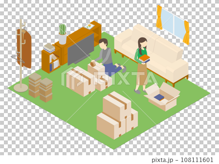 アイソメトリックなリビング　夫婦　引っ越し 108111601