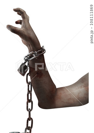 The hand of a scary zombie with blood and wounds tied on the iron chain The hand of a scary zombie with blood and wounds tied on the iron chain 108111869