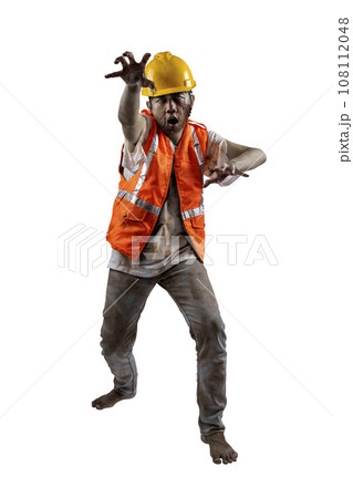 A scary construction worker zombie with blood and wounds on his body walking 108112048