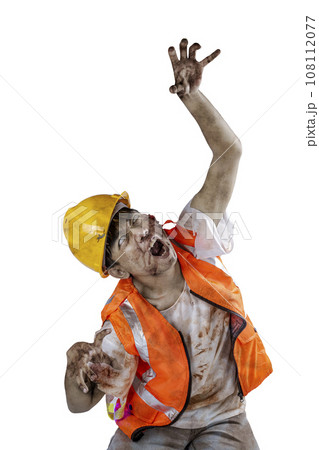A scary construction worker zombie with blood and wounds on his body walking 108112077