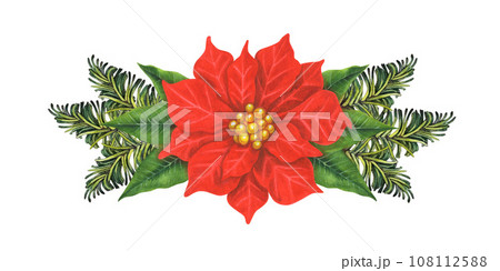 Watercolor Christmas composition with green fir branches, red poinsettia flower and candles Watercolor Christmas composition with green fir branches, red poinsettia flower and candles 108112588