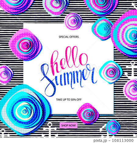 Romantic wreath with quote Hello summer. Romantic wreath with quote Hello summer. 108113000