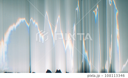 Glitch texture overlay. Old film noise. VHS tape distortion. Rainbow color light flare on blue white illustration abstract copy space background. 108113346