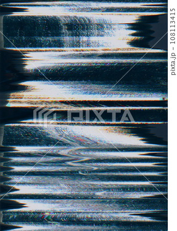VHS tape glitch. Analog noise texture. 8bit frequency. Blue orange white color pixel artifacts on dark black illustration abstract background. VHS tape glitch. Analog noise texture. 8bit frequency. Blue orange white color pixel artifacts on dark black illustration abstract background. 108113415