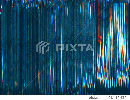 Glitch texture. Analog noise overlay. VHS tape distortion. Blue orange white color wave lines artifacts on dark black illustration abstract copy space background. Glitch texture. Analog noise overlay. VHS tape distortion. Blue orange white color wave lines artifacts on dark black illustration abstract copy space background. 108113432