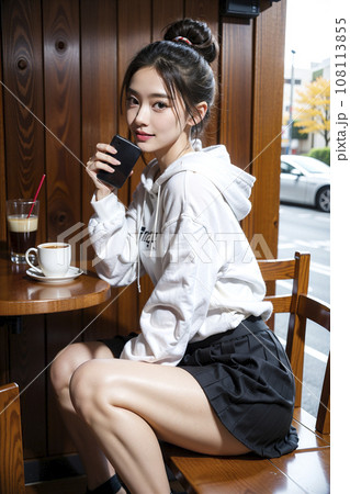 カフェでホットコーヒーを飲む女性（AI生成画像） 108113855