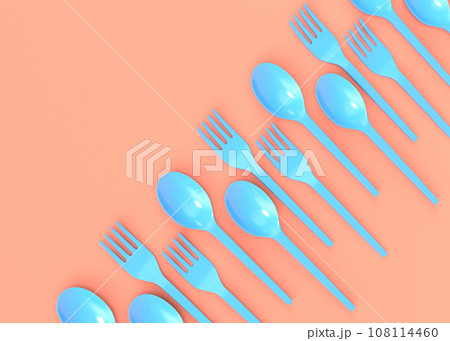 Set of disposable utensils like spoon, fork and knife on monochrome background. 108114460