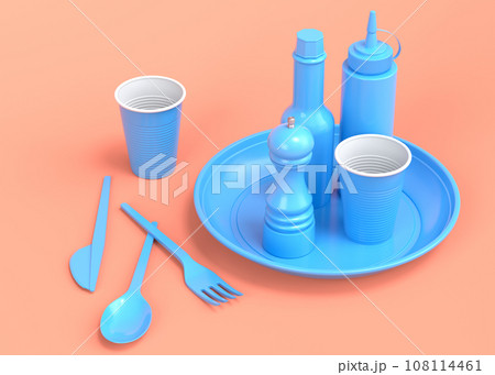 Set of disposable utensils like plate, folk, spoon,knife, cup and pepper mill Set of disposable utensils like plate, folk, spoon,knife, cup and pepper mill 108114461