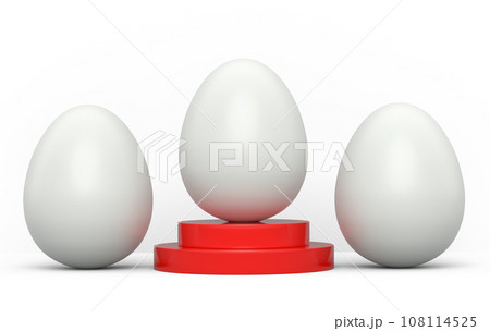 Farm white egg on podium and crowd of eggs standing in line on white background Farm white egg on podium and crowd of eggs standing in line on white background 108114525