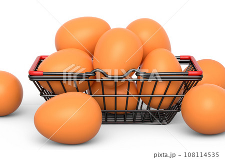 Farm raw organic brown eggs for morning breakfast in metal wire basket 108114535