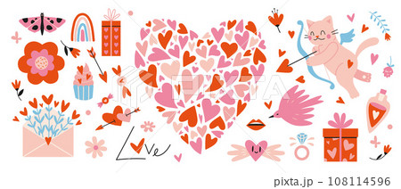 Big heart made from small hearts and romantic objects like cupid cat, gifts and flowers. Valentines day concept, cartoon style. Trendy modern vector illustration isolated on white, hand drawn, flat Big heart made from small hearts and romantic objects like cupid cat, gifts and flowers. Valentines day concept, cartoon style. Trendy modern vector illustration isolated on white, hand drawn, flat 108114596