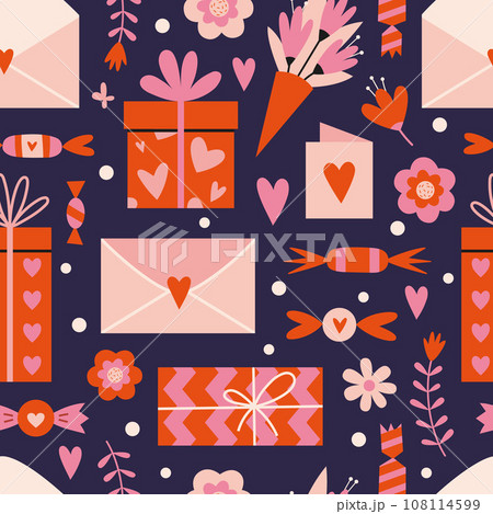 Saint Valentine's seamless pattern with cute romantic presents, sweets, gift box and flowers, on a dark background, cartoon style. Trendy modern vector illustration, hand drawn, flat design Saint Valentine's seamless pattern with cute romantic presents, sweets, gift box and flowers, on a dark background, cartoon style. Trendy modern vector illustration, hand drawn, flat design 108114599