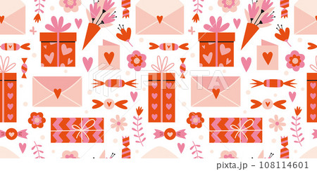 Saint Valentine's seamless pattern with cute romantic presents, sweets, gift box and flowers, on a white background, cartoon style. Trendy modern vector illustration, hand drawn, flat design Saint Valentine's seamless pattern with cute romantic presents, sweets, gift box and flowers, on a white background, cartoon style. Trendy modern vector illustration, hand drawn, flat design 108114601