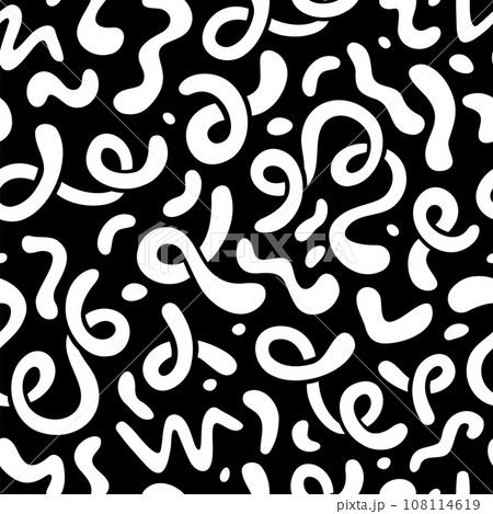 Seamless pattern with abstract white squiggles on a black background, fluid shapes, curls, cartoon style. Wavy lines, organic forms. Trendy modern vector illustration, hand drawn, flat design Seamless pattern with abstract white squiggles on a black background, fluid shapes, curls, cartoon style. Wavy lines, organic forms. Trendy modern vector illustration, hand drawn, flat design 108114619