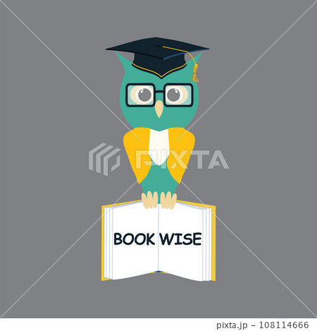 Wise owl in glasses, graduate hat holds an open book in his paws. Vector owl character in master cap flat illustration Wise owl in glasses, graduate hat holds an open book in his paws. Vector owl character in master cap flat illustration 108114666