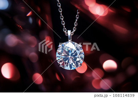 Luxury jewelry, platinum necklace with diamonds on dark bokeh background close-up. Golden necklace in the store. Beautiful diamond pendant necklace. Jewelry showcase, selective focus Luxury jewelry, platinum necklace with diamonds on dark bokeh background close-up. Golden necklace in the store. Beautiful diamond pendant necklace. Jewelry showcase, selective focus 108114839