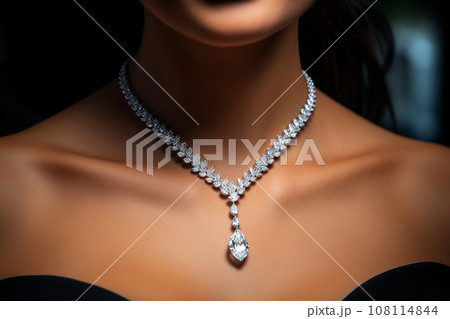 Woman wearing luxury jewelry, platinum necklace with diamonds close-up. Golden necklace on female neck. Beautiful diamond pendant necklace. Beauty, people and jewelry concept Woman wearing luxury jewelry, platinum necklace with diamonds close-up. Golden necklace on female neck. Beautiful diamond pendant necklace. Beauty, people and jewelry concept 108114844