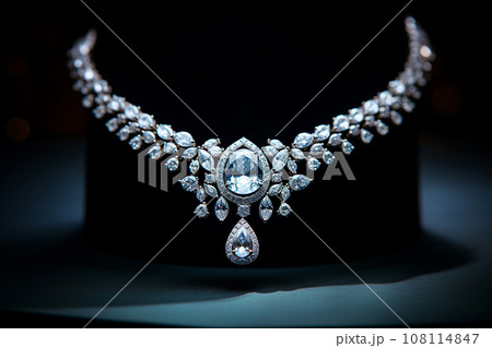 Luxury jewelry, platinum necklace with diamonds on a bust stand close-up. Golden necklace in the store. Beautiful diamond pendant necklace. Jewelry showcase, selective focus Luxury jewelry, platinum necklace with diamonds on a bust stand close-up. Golden necklace in the store. Beautiful diamond pendant necklace. Jewelry showcase, selective focus 108114847