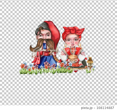 Composition of girl and boy gnome in national ukrainian costume standing in flowers. Design for baby shower party, birthday,cake, holiday celebration design, greetings card, invitation. 108114887