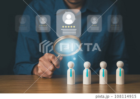 HR Human Resource searching new employee,Business and HR recruit concept.Business man holding magnifier glass to searching candidate. HR Human Resource searching new employee,Business and HR recruit concept.Business man holding magnifier glass to searching candidate. 108114915
