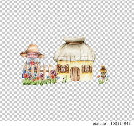 Composition of boy gnome in national ukrainian costume ,country houses and flowers. Design for baby shower party, birthday,cake, holiday celebration design, greetings card, invitation. 108114948