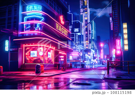 Neon signs and lights in an empty city at night. 108115198
