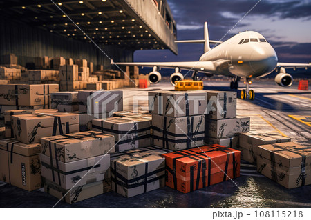 Military personnel at the airfield load boxes and containers with military uniforms and weapons. 108115218