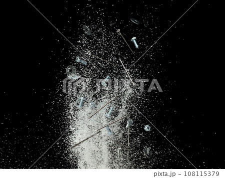 Nail spike Nut bold sharp object under snow on road. Dangerous sharpen nail glass object hidden in snow. Snow fall with risk accident hazard cover trash garbage debris. Black background isolated 108115379