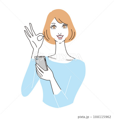 スマートフォンを持ってオーケーサインを出すボブヘアの女性上半身 スマートフォンを持ってオーケーサインを出すボブヘアの女性上半身 108115962