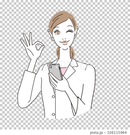 一位女醫生拿著智慧型手機並給出 OK 手勢的上半身 108115964