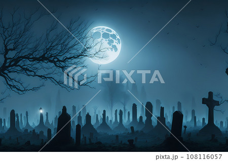 Cemetery night. Moonlit cemetery with weathered tombstones. Halloween background concept. Cemetery night. Moonlit cemetery with weathered tombstones. Halloween background concept. 108116057