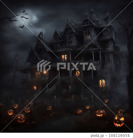 Halloween Haunted House. Pumpkins, candles, gloomy atmosphere. Halloween Haunted House. Pumpkins, candles, gloomy atmosphere. 108116058