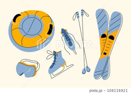 Winter family sport activity elements skates skis tube and protective mask in hand drawn flat style Winter family sport activity elements skates skis tube and protective mask in hand drawn flat style 108116921