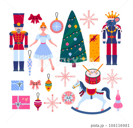 Cartoon Color Winter Tale Ballet Nutcracker Story Elements Set Concept Flat Design Style. Vector illustration of Princess, Soldier and Mouse King 108116981