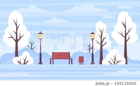 Cartoon Color Winter Snowy Park Landscape Scene Wintertime Concept Flat Design Style. Vector illustration of Trees, Bench and Snowdrifts 108116982