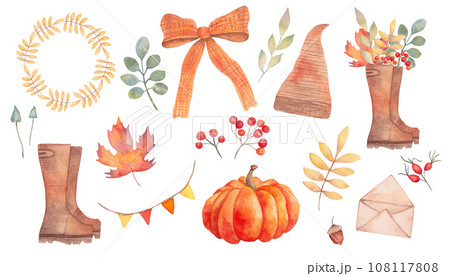 Collection of various autumn elements. Round wreath, frame, composition of boots and leaves. Agriculture, harvesting, gardening, husbandry. Thanksgiving Day. Hand drawn watercolor isolated art 108117808