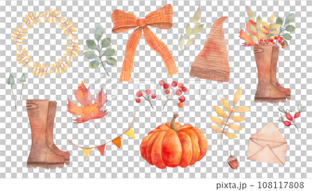 Collection of various autumn elements. Round wreath, frame, composition of boots and leaves. Agriculture, harvesting, gardening, husbandry. Thanksgiving Day. Hand drawn watercolor isolated art Collection of various autumn elements. Round wreath, frame, composition of boots and leaves. Agriculture, harvesting, gardening, husbandry. Thanksgiving Day. Hand drawn watercolor isolated art 108117808