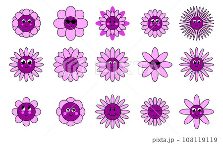Flowers with cartoon funny smiling faces. Groovy flower cartoon characters. Funny happy daisy with eyes and smile. Kids logo design with daisies vector set. 108119119