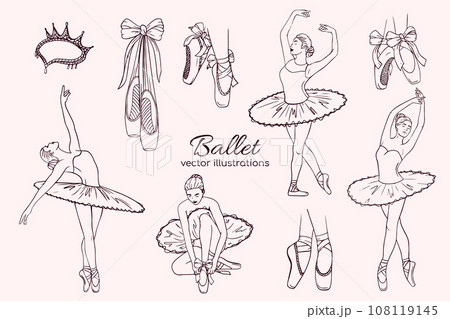 Hand drawn sketch ballet set. Shapes of ballerina, pointe shoe and dress. Linear brush sketch with shadow silhouettes. Pastel contour drawing templates. Hand drawn sketch ballet set. Shapes of ballerina, pointe shoe and dress. Linear brush sketch with shadow silhouettes. Pastel contour drawing templates. 108119145