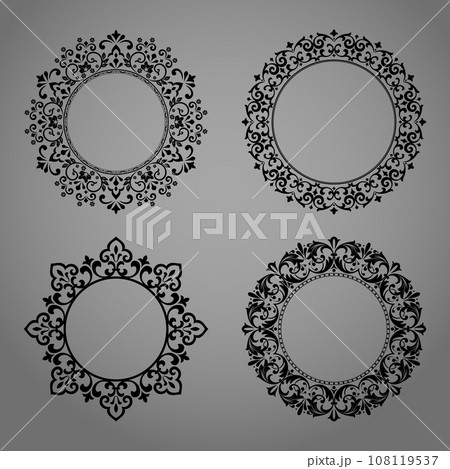 Set of decorative frames Elegant vector element for design in Eastern style, place for text. Floral black and gray borders. Lace illustration for invitations and greeting cards 108119537