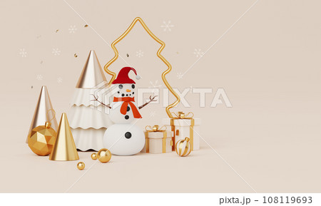 Christmas backgrounds with podium stage platform in minimal New year event theme. Merry Christmas scene for product display mock up banner. Empty stand pedestal decor in Xmas winter scene. 3D render. 108119693