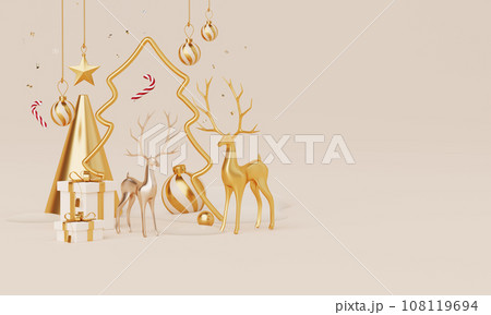 Christmas backgrounds with podium stage platform in minimal New year event theme. Merry Christmas scene for product display mock up banner. Empty stand pedestal decor in Xmas winter scene. 3D render. 108119694