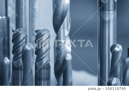 Close-up scene group of the used coating solid end mill. 108119789