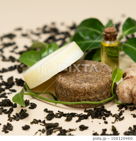 Solid shampoos made from ginger, green tea and oils. Natural cosmetics for hair care. 108120460