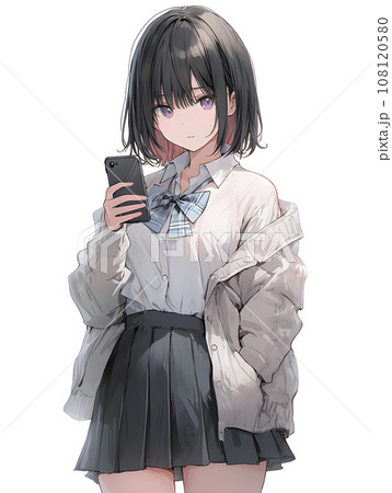 スマホを眺める女子高生（AI生成画像）のイラスト素材 [108120580] - PIXTA