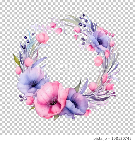 Watercolor wreath of pink and purple eustoma flowers. Isolate. For wedding invitations, cards Watercolor wreath of pink and purple eustoma flowers. Isolate. For wedding invitations, cards 108120745