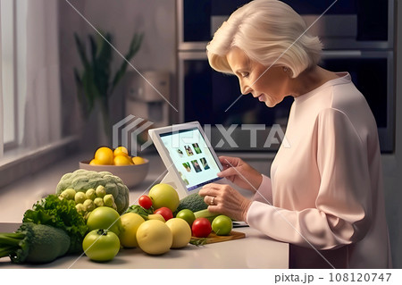 senior woman makes vegetable smoothie in kitchen while looking up recipe on her phone screen senior woman makes vegetable smoothie in kitchen while looking up recipe on her phone screen 108120747