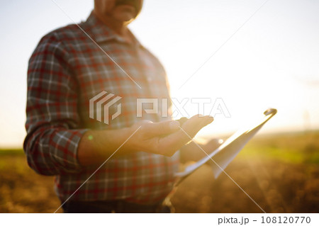 Expert hand of farmer checking soil health before growth a seed of vegetable or plant seedling. Expert hand of farmer checking soil health before growth a seed of vegetable or plant seedling. 108120770