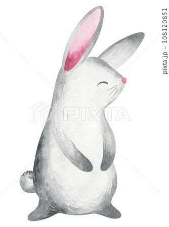 Grey little hare on an isolated white background. Hand drawn watercolor illustration of wild forest animal for print baby design, logo, baby shower invitation. 108120851