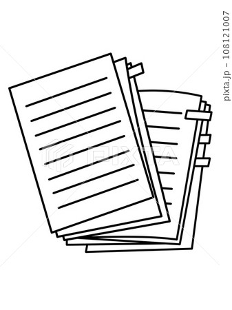 仕事や勉強などの付箋がついた書類が乱雑に積まれたイラスト素材 108121007